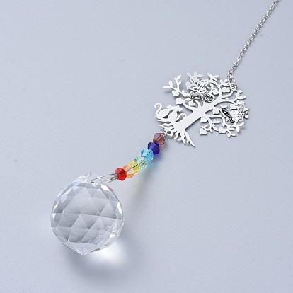 Cristal lustre suncatchers prismes chakra pendentif suspendu, avec des chaînes de câble de fer, perles de verre et pendentifs en laiton, arbre avec rond