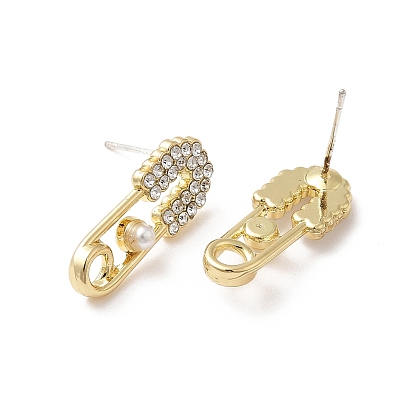 Alloy Rhinestone Stud Earring Findings, with Plastic Pearl Beaded & 925 Sterling Silver Pins & Horizontal Loop, Safety Pin Shape