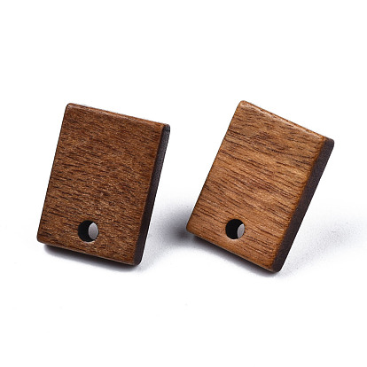Walnut Wood Stud Earring Findings, with Hole and 304 Stainless Steel Pin, Rectangle
