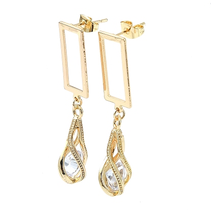 Rectangle & Teardrop Brass Micro Pave Cubic Zirconia Dangle Stud Earrings, Long-Lasting Plated