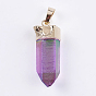 Electroplated Natural Quartz Crystal Pendants, with Brass Finding, Golden