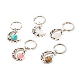 Gemstone Keychains, with Tibetan Style Alloy Hollow Moon and Heart Gemstone, Brass Jump Rings