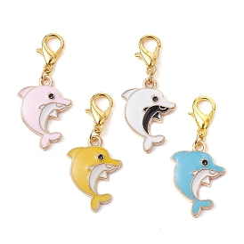 Dolphin Alloy Enamel Pendant Decorations, with Alloy Swivel Lobster Claw Clasps
