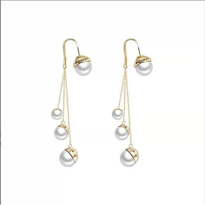Vintage Imitation Pearl Dangle Earrings, Brass Chains Tassel Earrings for Women