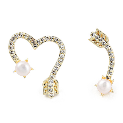 Clear Cubic Zirconia Arrow & Heart Asymmetrical Earrings with Natural Pearl Beaded, Brass Stud Earrings with 925 Sterling Silver Pins for Women