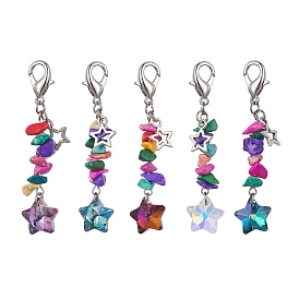 Electroplate Glass Star Pendant Decoration, Synthetic Turquoise Chips and Alloy Lobster Claw Clasps Charm
