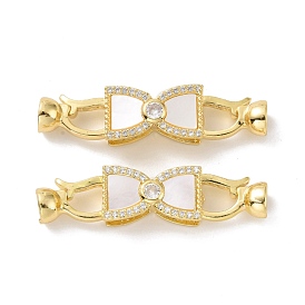 Brass Micro Pave Clear Cubic Zirconia Fold Over Clasps, with White Shell, Cadmium Free & Lead Free, Bowknot