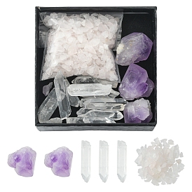 Natural Gemstone Sets, Including Quartz Crystal & methyst Nuggets Beads & Natural Rose Quartz Chip Beads, No Hole/Undrilled