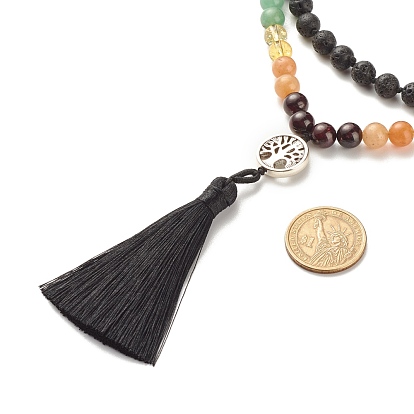7 Chakra Gemstone Buddhist Necklace, Big Tassel with Alloy Tree of Life Pendant Necklace, Natural Lava Rock & Mixed Stone Jewelry for Women