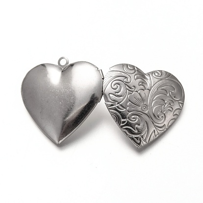 316 Stainless Steel Locket Pendants, Photo Frame Charms for Necklaces, Heart with Floral Pattern