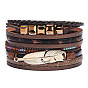 Cuir PU bracelets multi-brins, avec des cordes de polyester ciré, fermoir magnétique et strass en alliage, plume