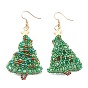 Glass Seed Beads Christmas Tree Dangle Earrings, for Christmas, with Golden Plated Brass Earring Hooks