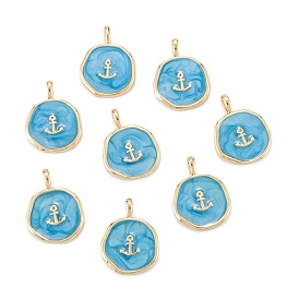 Brass Enamel Pendants, with Jump Rings, Long-Lasting Plated, Flat Round with Anchor, Deep Sky Blue