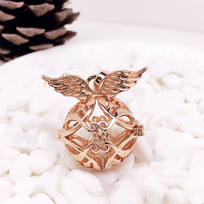 Brass Bead Cage Pendants, for Chime Ball Pendant Necklaces Making, Hollow Round with Wing Charm