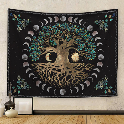 Tree of Life Flower Sun Moon Hippie Tapestries, Polyester Bohemian Mandala Wall Hanging Tapestry, for Bedroom Living Room Decoration, Rectangle