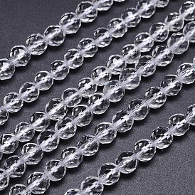 Faceted(64 Facets) Natural Quartz Crystal Round Beads Strands, Rock Crystal Beads