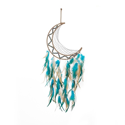 Iron Cord Woven Web/Net with Feather Pendant Decorations, with Plastic Beads, Covered with Leather Cord, Moon