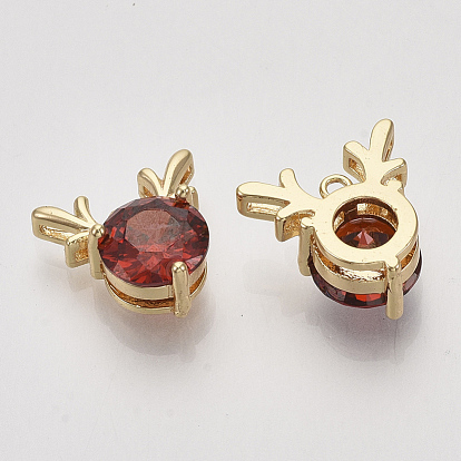 Brass Cubic Zirconia Charms, Christmas Reindeer/Stag, Red, Nickel Free