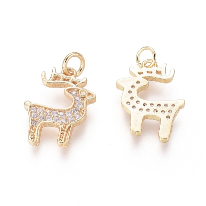 Brass Charms, with Clear Cubic Zirconia and Jump Rings, Christmas Reindeer/Stag