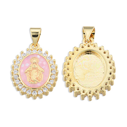 Brass Micro Pave Clear Cubic Zirconia Pendants, with Enamel and Shell, Real 18K Gold Plated, Nickel Free, Oval with Virgin Mary