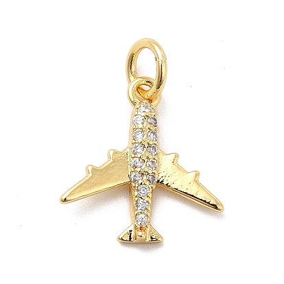 Rack Plating Brass Micro Pave Cubic Zirconia Charms, Passenger Plane Charm, Long—Lasting Plated, with Jump Rings, Cadmium Free & Lead Free