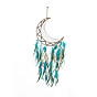 Iron Cord Woven Web/Net with Feather Pendant Decorations, with Plastic Beads, Covered with Leather Cord, Moon
