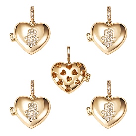 Brass Micro Pave Clear Cubic Zirconia Diffuser Locket Pendants, Long-Lasting Plated, Lead Free & Cadmium Free, Heart with Hamsa Hand, Religion
