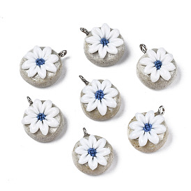 Handmade Porcelain Pendants, with Iron Findings, Famille Rose Style, Flat Round with Flower