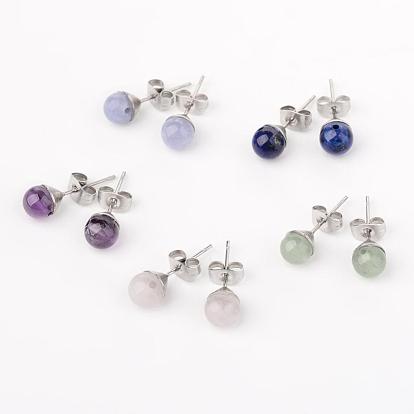 304 Stainless Steel Stud Earring Findings, with Round Natural Rose Quartz/Lapis Lazuli/Quartz/Green Aventurine/Amethyst with Hole