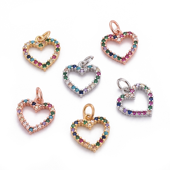 Brass Micro Pave Cubic Zirconia Charms, with Jump Rings, Heart, Colorful
