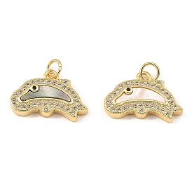 Brass Cubic Zirconia with Shell Pendants, Long-Lasting Plated, Lead Free & Cadmium Free, Dolphin