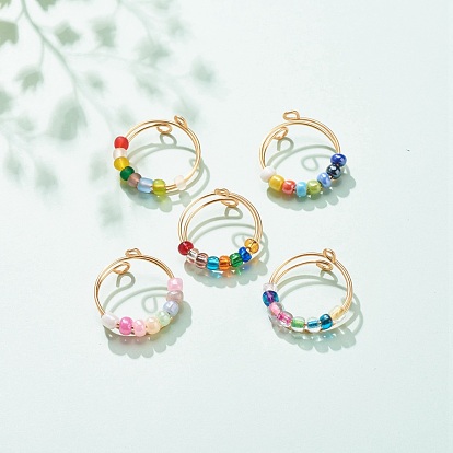Colorful Glass Beaded Rotating Cuff Rings, Copper Wire Wrap Ring for Anxiety Stress Relief