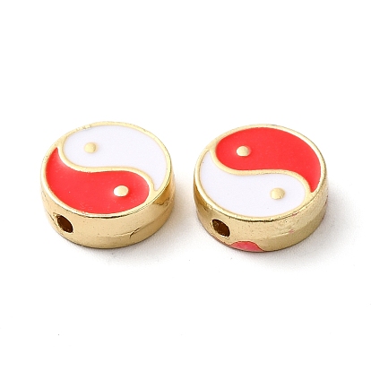 Cuentas de esmalte de aleación de chapado en rack, plano y redondo con patrón de yin yang, dorado