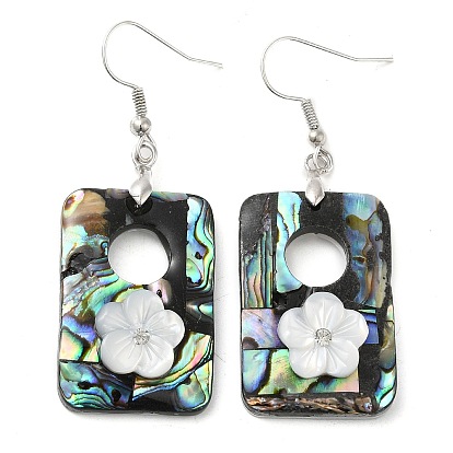 Natural Paua Shell & White Shell Flower Dangle Earrings, with Brass Earring Pins