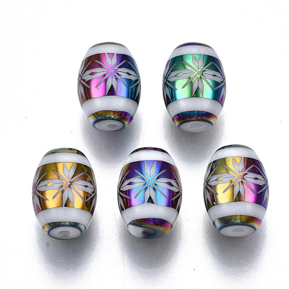Electroplate Glass Beads, Barrel with Flower Pattern