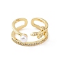 Brass Micro Pave Cubic Zirconia Open Rings, Leaf with Plastic Imitation Pearl Cuff Rings for Women