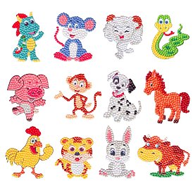 DIY 12 Chinese Zodiac Signs Diamond Painting Sticker Kits, including Self Adhesive Sticker, Resin Rhinestones, Diamond Sticky Pen, Tray Plate and Glue Clay