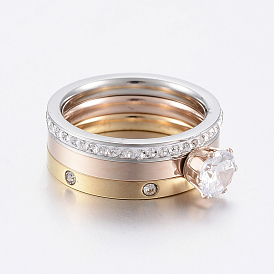 304 Stainless Steel Stackable Finger Ring Sets, with Cubic Zirconia and Polymer Clay Rhinestone, Crystal