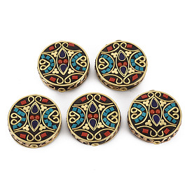 Polymer Clay Handmade Indonesia Beads, with Brass Findings, Flat Round, Golden