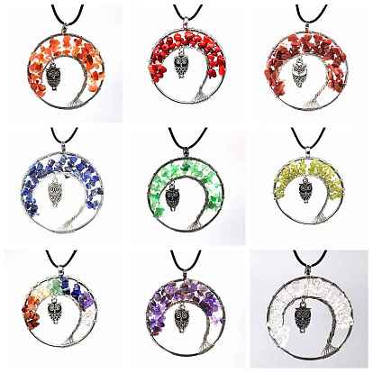 Colliers à pendentif arbre de vie en copeaux de pierres précieuses naturelles et synthétiques mélangées, collier hibou en laiton avec cordes cirées
