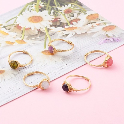 Natural & Synthetic Gemstone Finger Rings, with Golden Copper Wire and Cardboard  Box, Flat Round