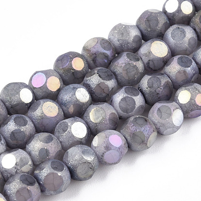 Opaque Frosted Glass Beads Strands, AB Color Plated, Faceted, Round