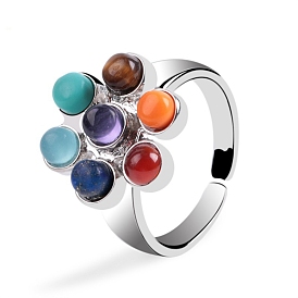 Natural Mixed Stone Sun Planet Open Cuff Ring, Platinum Plated Brass Jewelry for Women