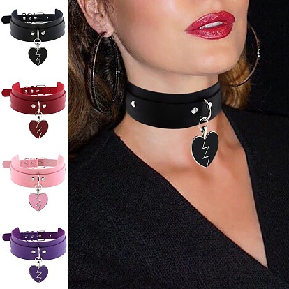 Rocking Heart Pendant Collar with Double-layer Leather Chain and Lock Clavicle Necklace