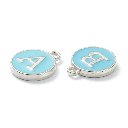 Platinum Plated Alloy Enamel Charms, Cadmium Free & Lead Free, Enamelled Sequins, Flat Round with Letter, Sky Blue