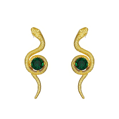Emerald Rhinestone Snake Stud Earrings, Alloy Jewelry for Women