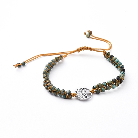 Bracelets de perles tressées en fil de nylon ajustable, avec des perles de pierres précieuses naturelles et 316 maillons en zircone cubique micro-pavés en acier inoxydable chirurgical, plat et circulaire avec arbre de vie
