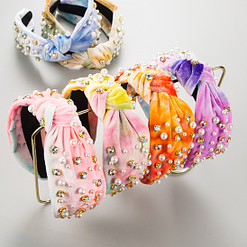 Velvet Hairband with Candy Color Fabric and Pearl Embellishment - Wide Band, Knotted, Sparkling.