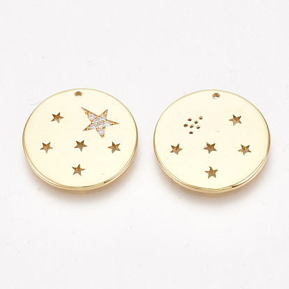Brass Pendants, Nickel Free, Real 18K Gold Plated, with Cubic Zirconia, Flat Round with Star, Clear