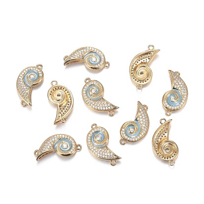 Brass Micro Clear Cubic Zirconia Links, with Enamel, Long-Lasting Plated, Spiral Shell, Light Sky Blue